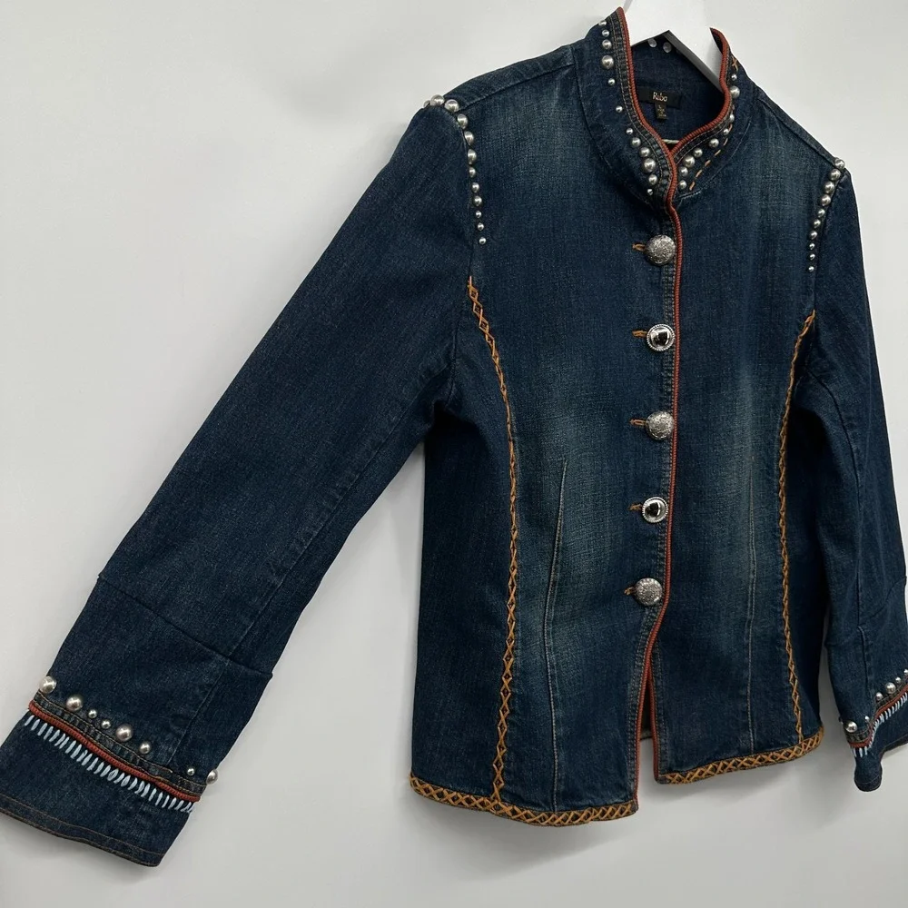 Reba Denim Jacket Size Large Studded Embroidered Stretch Western Rodeo Cowgirl - Picture 2 of 15